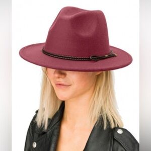 New Fedora faux wool felt burgundy hat vegan leather woven head tie one size